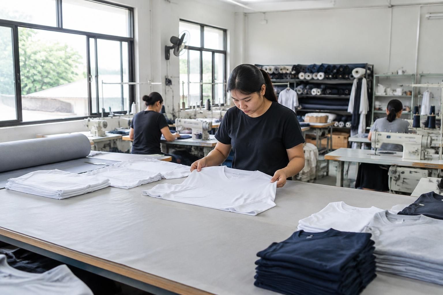ช่างกำลังจัดและตรวจชิ้นงานเสื้อบนโต๊ะในโรงงานผลิตขนาดเล็ก